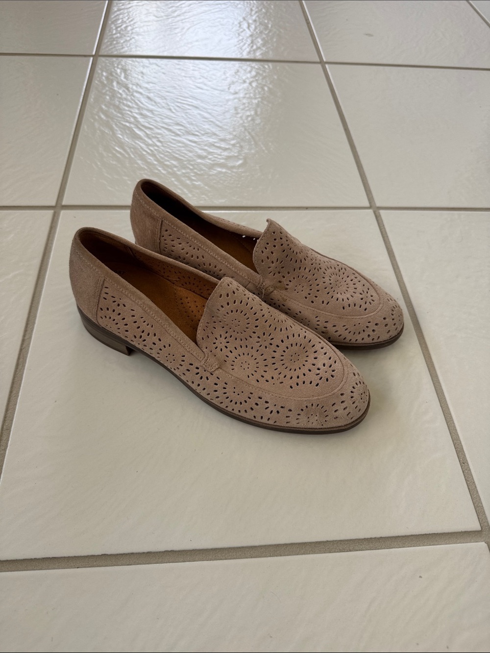 Clarks Taupe Perforated Suede Loafers